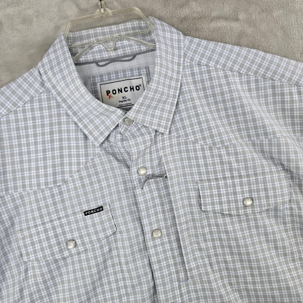 Poncho Shirt Mens XL Blue Gray Plaid Short Sleeve Pearl Snap Western Fishing